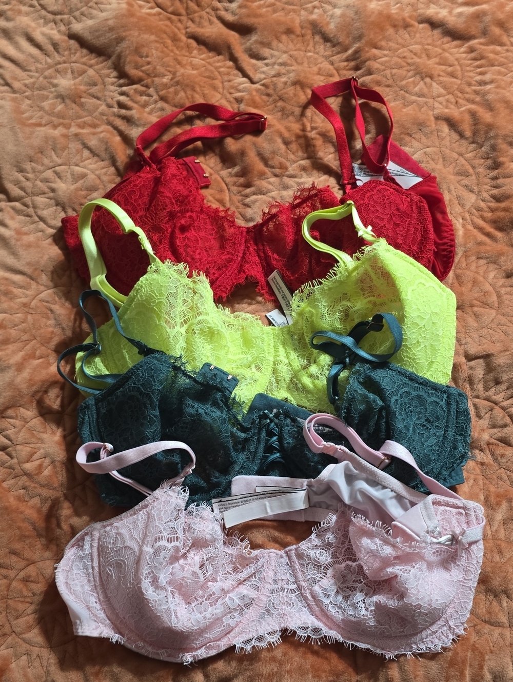 Victorias Secret Lace Bra Lot - Red, Neon Yellow, Dark Green, Blush Pink